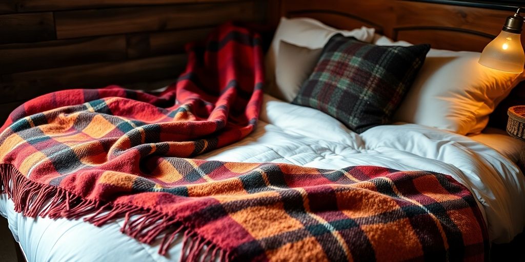 Kuschelige Plaids auf einem Bett im Schlafzimmer.