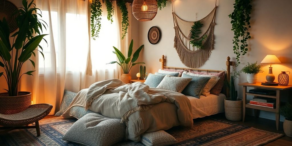 Verschiedene Boho-Stil Schlafzimmer-Accessoires in warmen Farben.