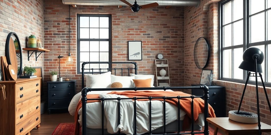 Schlafzimmer im Industrial-Stil mit dekorativen Accessoires.